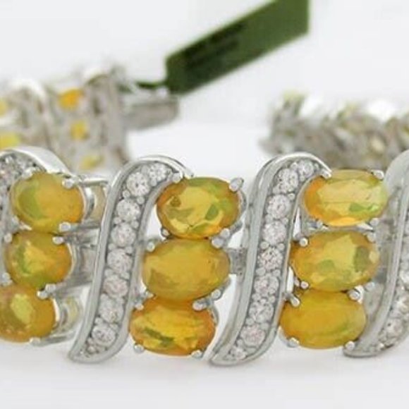 Genuine 24.30 Cts Opal & White Sapphires Tennis Bracelet .925 Silver -35.7 Grams